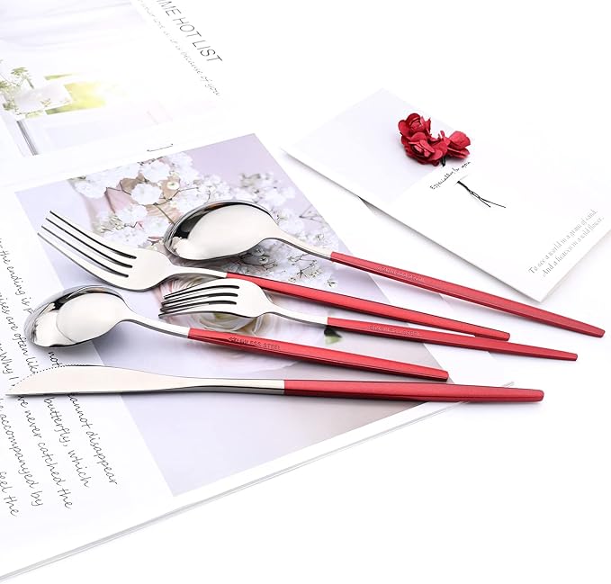 30-Piece Snplowum Mirror Flatware Serving Set, 18/0 Stainless Steel Dinnerware With Red Handle, Modern Durable Home Kitchen Eating Tableware Set Service For 6 (Red Silver)