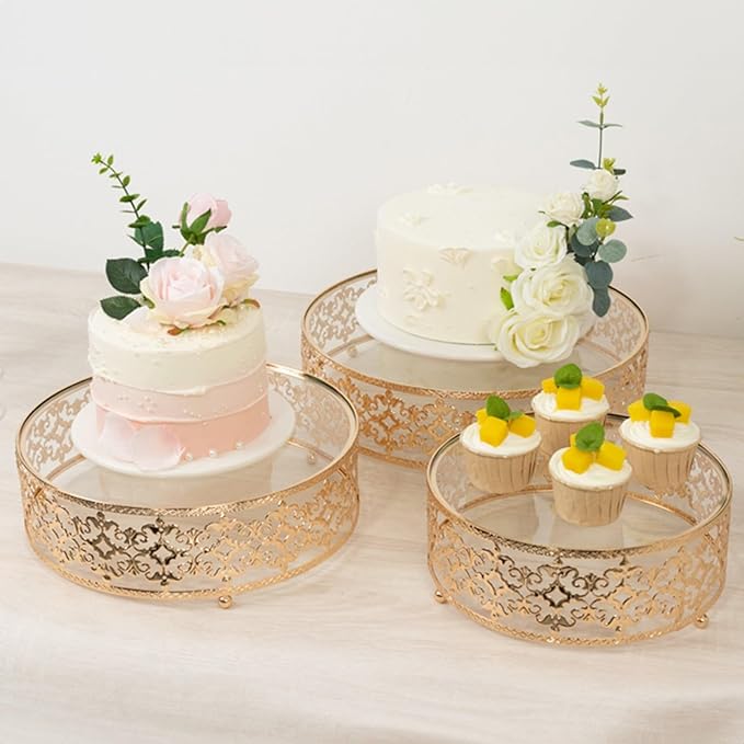 Efavormart Set of 3 Metal Cake Stands 10", 12", 14" Baroque Ornate Design with Glass Top Gold - Stackable Dessert Display Trays