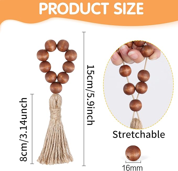 Meplait 6 Pieces Wooden Bead Napkin Rings, Farmhouse Stretchable Napkin Ring with Tassel Boho Napkin Rings for Dining Table,Wedding Decoration (Brown)