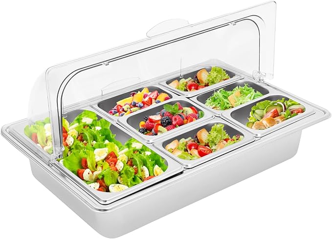 7 Compartments Food Serving Display Container, 7 Pans Countertop Ice Food Serving Display Container Stainless Steel Buffet Food Display Serving Tray with Clear Roll Top Cover Serving Dish