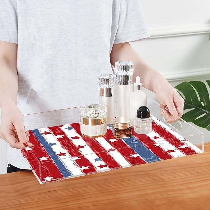 Serving Tray with Handles Clear Acrylic Tray 12x16 Inch Decorative Rectangular Tray Organizer for Ottoman Coffee Table Bathroom Red and Blue Stars Independence Day01