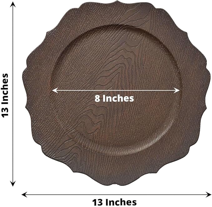 Efavormart 6 Pack | 13" Rustic Brown Wooden Textured Acrylic Charger Plates With Scalloped Rim