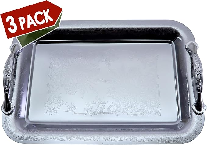 (Pack of 3 11.4 inch x 7.9 inch Oblong Chrome Plated Mirror Silver Serving Tray with Handles Stylish Design Floral Engraved Edge Decorative Party Birthday Wedding Platter Plate CC-1054
