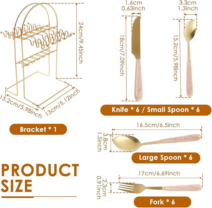 24 Pcs Silverware Set with Hanging Holder, Stainless Steel Flatware Set, Kitchen Utensil Tableware Set with Stainless Steel Knives and Forks and Spoons, Mirror Polished, Dishwasher Safe (Pink)