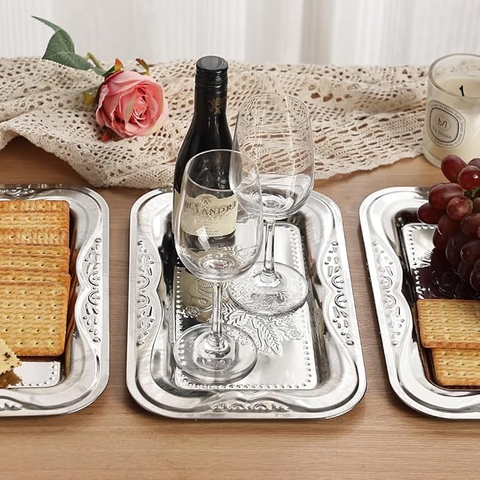 4-Pack Silver Serving Trays Set - ZENOVLUX Bow Floral Engraved Mirror Decorative Tray, 13.8" x 8.7" Party Platters for Christmas, Cookies, Charcuterie, Snacks, Desserts, Fruit, Party Food Display