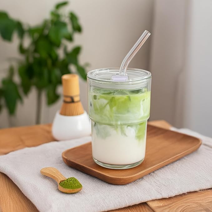 MINGHYZYA 13oz Iced Coffee Cup, Reusable Glass Tumbler with Straw and Lid, Thick Wall Glass Cups with Lids and Straws for Matcha, Smoothies, Drinking Glassware Water Cups (clear-4pack)