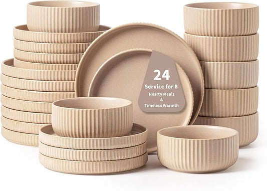 Handcrafted Dish Set for 8,24 Piece Rustic Brown Ceramic Plates and Bowls Set – Vintage-Inspired Dinnerware Sets for Hosting & Everyday Warmth