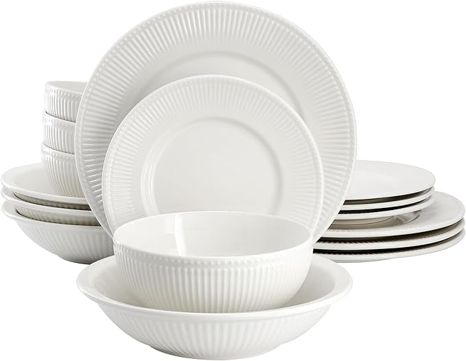 Elama Kate 16 Piece Textured Trim Double Bowl Porcelain White Dinnerware Set, Serveware, Tableware, Bowls, Plate Set (Kate)