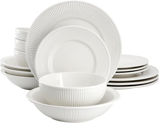 Elama Kate 16 Piece Textured Trim Double Bowl Porcelain White Dinnerware Set, Serveware, Tableware, Bowls, Plate Set (Kate)
