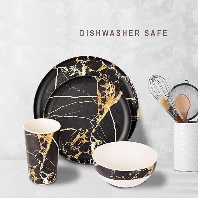 Plate and Bowl Set Porcelain Kitchen Dinnerware Set Ceramic Tableware Dinnerware Set, Service for Two,White Marble Swirl