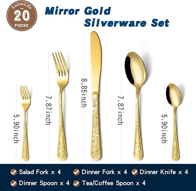 20-Piece Vintage Carved Gold Silverware Set, 18/10 Stainless Steel Flatware Set for 4, LaienLife Mirror Polished Modern Gold Utensils, Including Forks Spoons Knife for Home & Kitchen, Dishwasher Safe