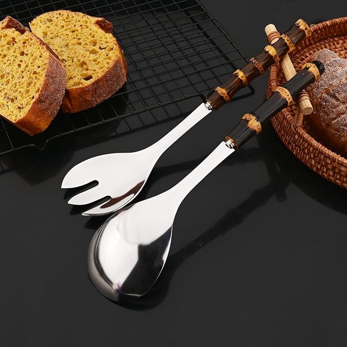 JASHII 4-piece Stainless Steel Flatware Cutlery Serving Set Silverware Knife Fork Spoon Set Black Bamboo Handle Dishwasher Safe for Dinner Buffet