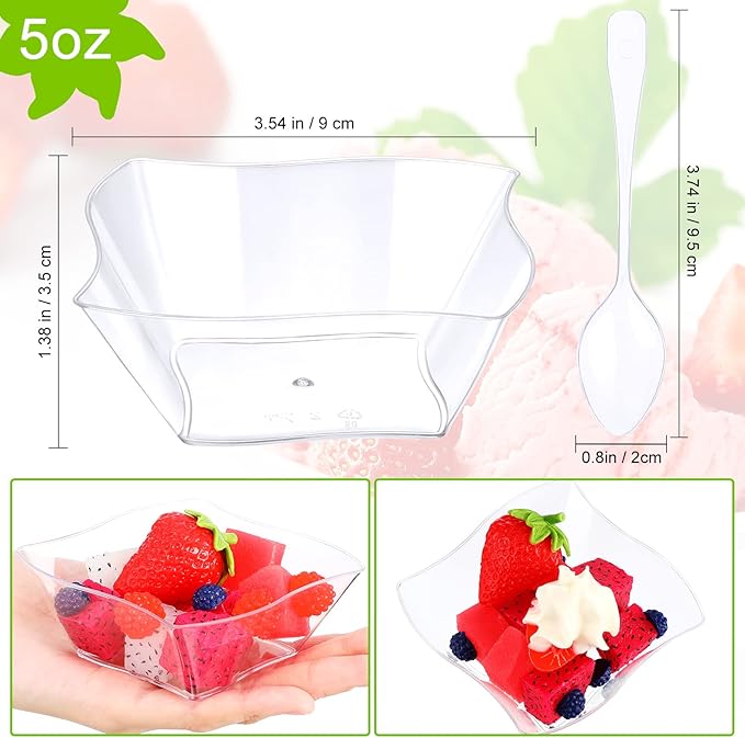 Suclain 200 Sets 5 oz Plastic Dessert Bowls Disposable Mini Dessert Cups with Spoons Appetizer Plates for Birthday Weddings Party Family Gathering