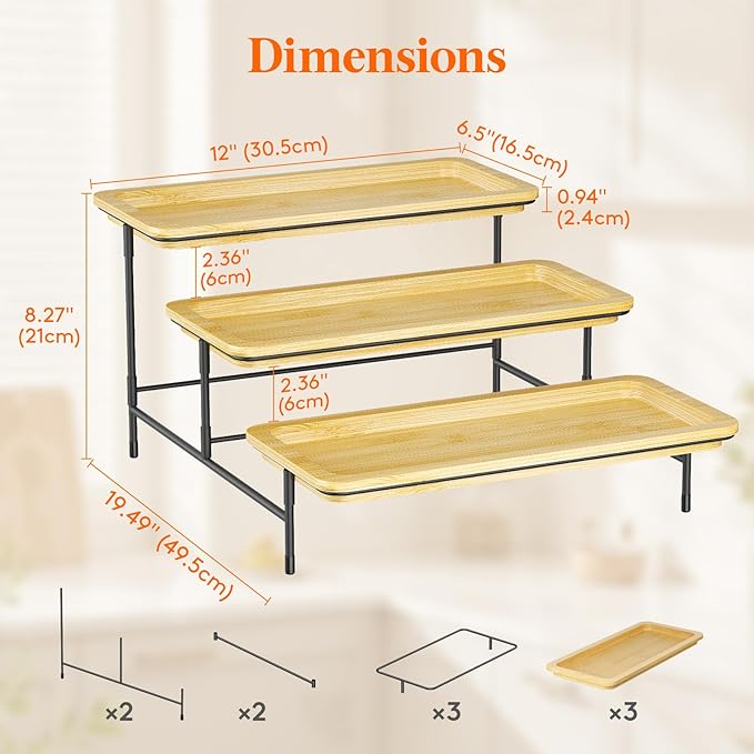 Lifewit 3 Tier Bamboo Serving Tray for Party Supplies, 12" x 6.5" Platters for Serving Food, Reusable Trays with Black Metal Display Stand for Veggie, Fruit, Cookies, Dessert