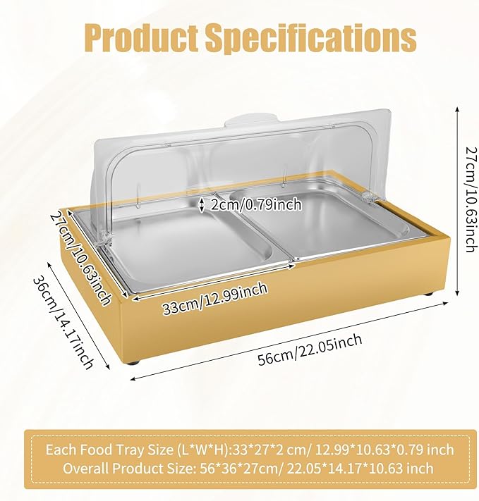 Ice Food Serving Display Tray, 3L 2 Pan Spice Display Salad Dressing Cooler Food Dishes Display Plate Case w/Clear Roll Top Cover for Outdoor Buffets Parties & Restaurant (Gold)
