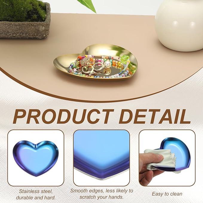 uxcell Heart Shape Serving Trays, 3.54" Stainless Steel Decorative Jewelry Dish, Small Vanity Tray for Bathroom Aromatherapy Candle Drink Plate,Titanium