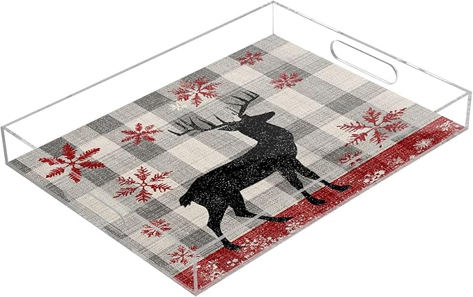 Serving Tray with Handles Clear Acrylic Tray 12x16 Inch Decorative Rectangular Tray Organizer for Ottoman Coffee Table Bathroom Grey Checkered Christmas Deer