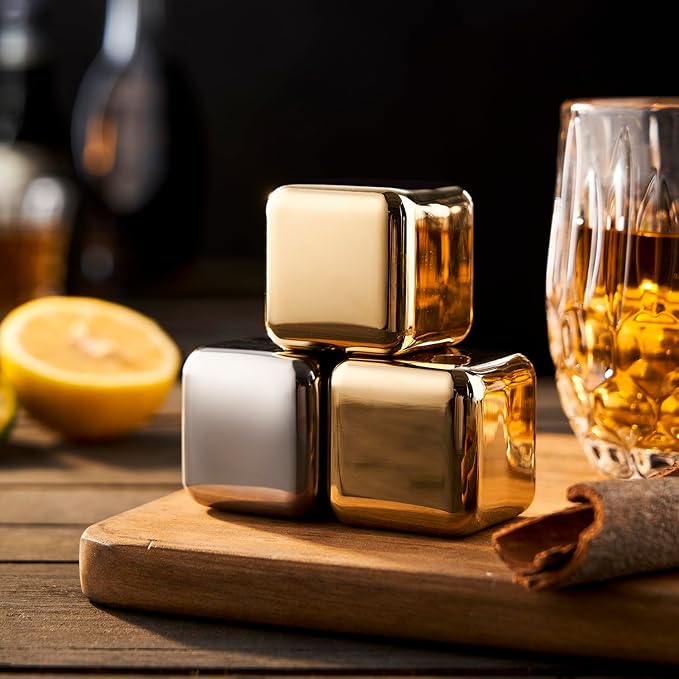 4 Large Whiskey Stones 64 cm³ (4 cu in) - Man Gift Set - Reusable Stainless Steel Metal Ice Sphere Cubes Beverage Chilling Rocks Whiskey Stones for Red Wine, Bar Beer, Scotch - Gold and Silver