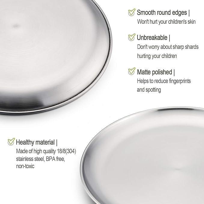 HaWare 6-Piece 18/8 Stainless Steel Plates, Metal 304 Dinner Dishes for Kids Toddlers Children, 8 Inch Feeding Serving Camping Plates, Reusable and Dishwasher Safe