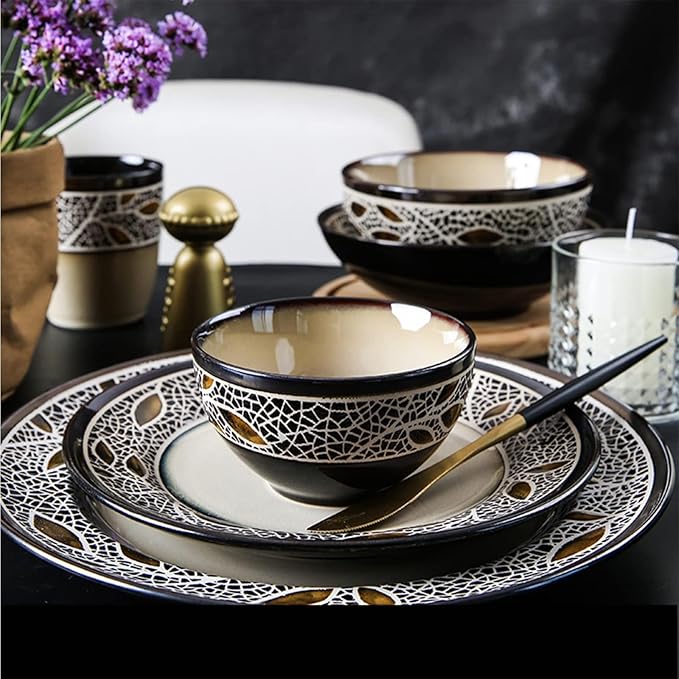 28-Piece Porcelain Dinnerware Set with Round Plates and Bowls Sets, Ceramics Dishes Set, Dinner Set, Dish Set, Tableware Set, Kitchen Dinnerware Sets, Service for 6 People