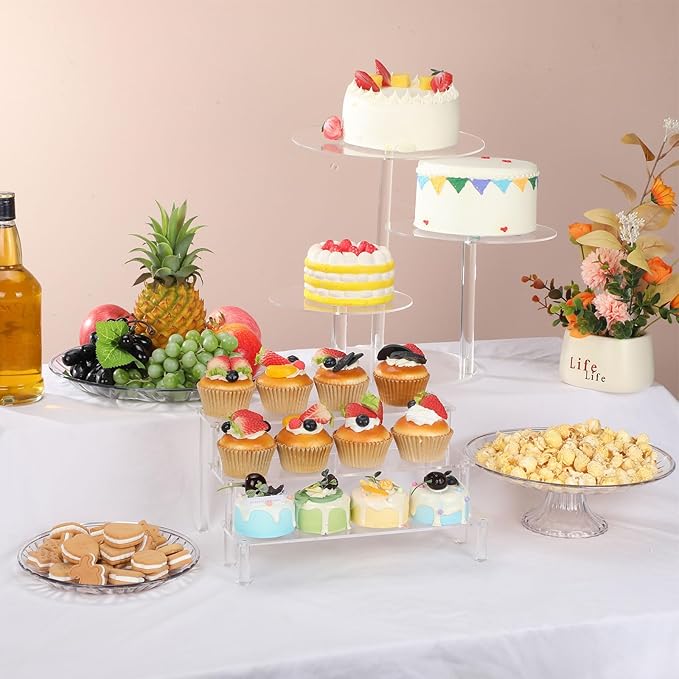 6 Pcs Acrylic Cake Stands Set Include 2 Display Risers 1 Pcs 4 Tier Cupcake Tower and 3 Clear Round Dessert Trays Cake Table Holder for Wedding Baby Shower Decoration(Vintage Style)