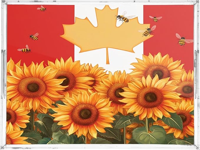 Serving Tray with Handles Clear Acrylic Tray 12x16 Inch Decorative Rectangular Tray Organizer for Ottoman Coffee Table Bathroom Sunflowers and Bees Canada Flag