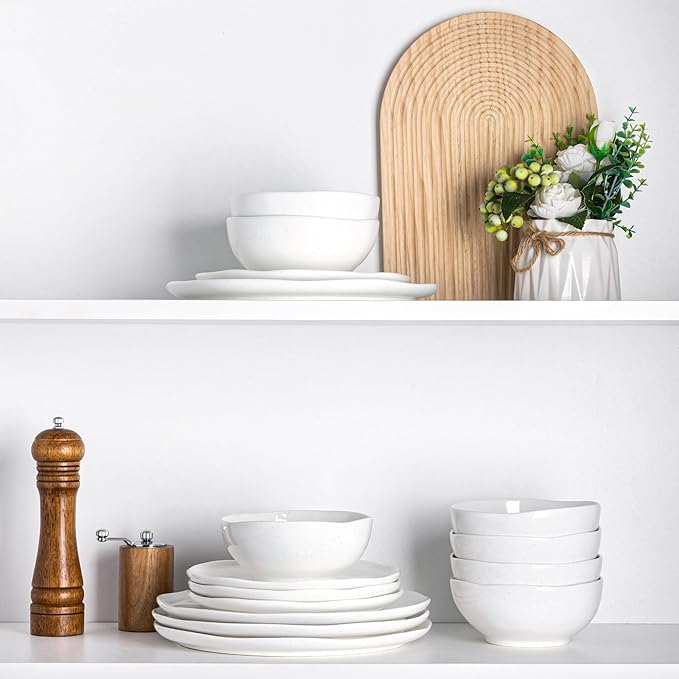 GBHOME Ceramic Dinnerware Sets for 4, 12 Pieces Porcelain Lightweight Plates and Bowls Sets, Scratch Resistant Dish Set, Oven & Microwave & Dishwasher Safe, White Speckled