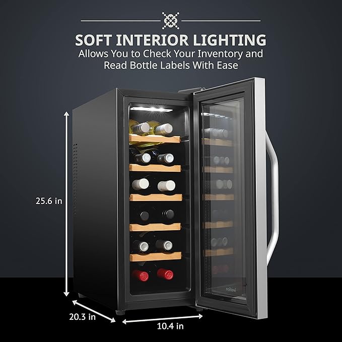 Ivation 12 Bottle Thermoelectric Wine Cooler/Chiller - Stainless Steel - Counter Top Red & White Wine Cellar w/Digital Temperature, Freestanding Refrigerator Smoked Glass Door Quiet Operation Fridge