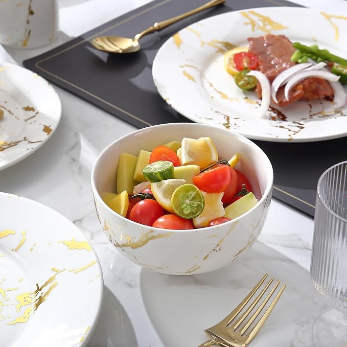 Modern Porcelain 16 Piece White Dinnerware Set,Plates and Bowls Sets,Gold Dish Set for 4,White Dinnerware Set,Dinner Sets with Dinner Plates.