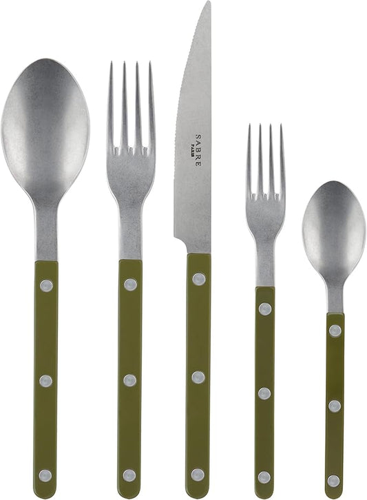 SABRE PARIS - 5-Piece Flatware Set - Bistrot Vintage Collection - Knives, Forks, Soup Spoons, Teaspoons & Dessert Forks - Stainless Steel & Acrylic - Dishwasher Safe - Fern Green - Mat Finish