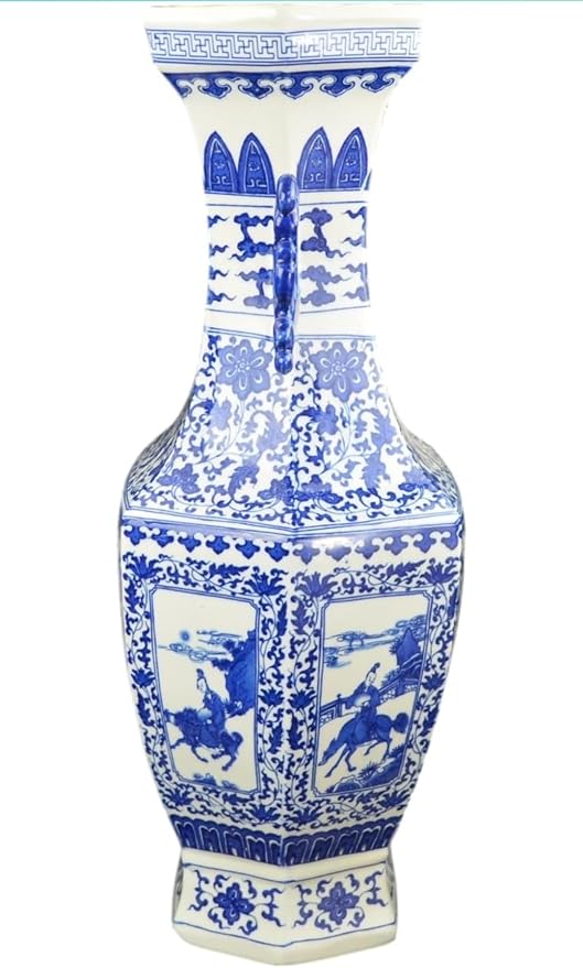 21" Classic Blue and White Hexagonal Porcelain Vase, Figure Dragon Ears Ceramic China Qing Style （D3）