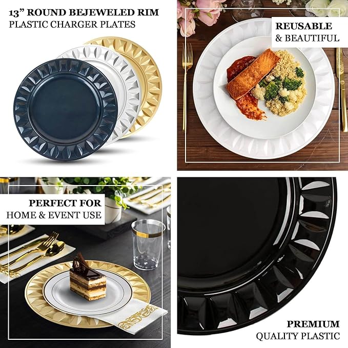 Efavormart 6 Pack | 13" White Round Bejeweled Rim Plastic Dinner Serving Trays, Disposable Charger Plates