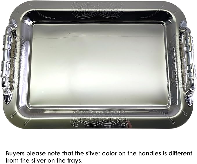 (Pack of 3) 14.2 inch x 10.2 inch Oblong Chrome Plated Serving Tray with Handles Stylish Design Iron Gold Floral Engraved Decorative Wedding Dessert Buffet Wine Platter Plate NC-262