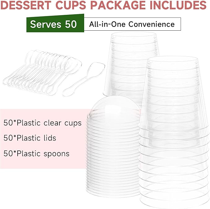 OTOB 150 Pack 6 oz Dessert Cups with Lids and Spoons | Serves 50 | Round Small Yogurt Parfait Cups for Appetizers, Mini Clear Dessert Bowls Cups for Puddings Mousse Ice Cream Fruit Trifle