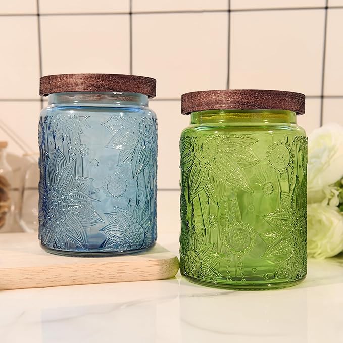 Glass Storage Jars With Airtight Lid, 23.7oz Canister For Kitchen Counter with Wooden Lid, brown sugar, candy, coffee, cookie, salt, tea,pantry cute Jar (Green, 23.7 floz)