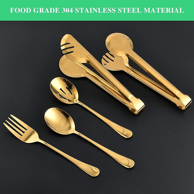 20.99 Worldity 10 Pieces Stainless Steel Flatware Serving Utensils Large Serving Spoon Set Multipurpose Gold Serving Utensils for Home Restaurant Party Dishwasher Safe Gold