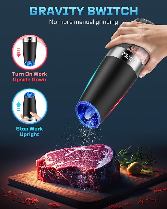 XinXu Gravity Electric Pepper and Salt Grinder Set, Adjustable Coarseness, with LED Light, One Hand Automatic Operation (Set/Black X)