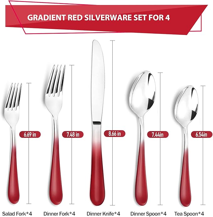 Red Silverware Set for 4,20 Piece Stainless Steel Flatware Set,Mirror Polished Dinnerware Cutlery Set of 4,Reusable Utensil Set for Kitchen,Flatware Sets,Gradient Red Silverware,Dishwasher Safe