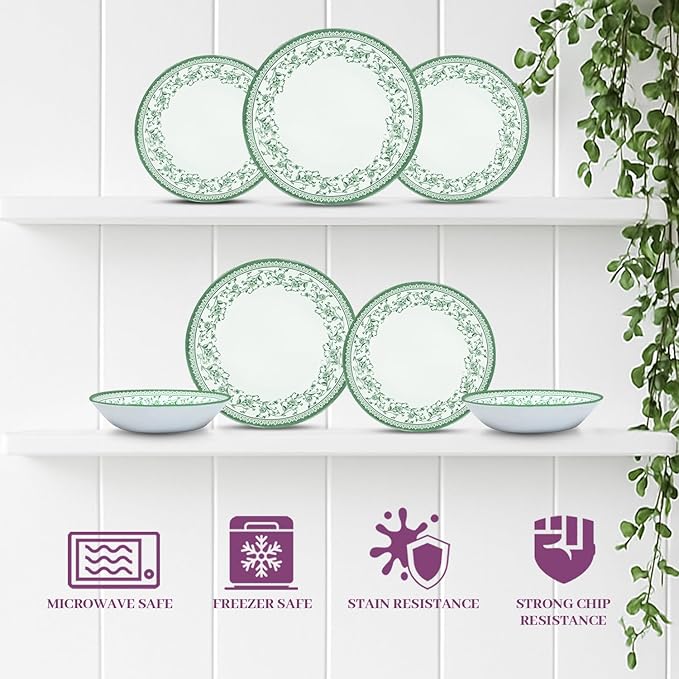 Tudor Royal 12-Piece Round Porcelain Dinnerware Set, Service for 4 - Aster Green Design, Multicolor Floral, Plates Bowls Mugs Dishes, Premium Quality Tableware, Unique Pattern, Glossy