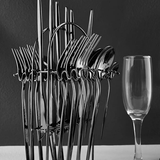 JASHII 24-Piece Stainless Steel Flat Flatware Set for 6, Fork Spoon Knife Set Eating Utensils Tableware with Holder for Kitchens Home and Restaurant, Dishwasher Safe - Shiny Black