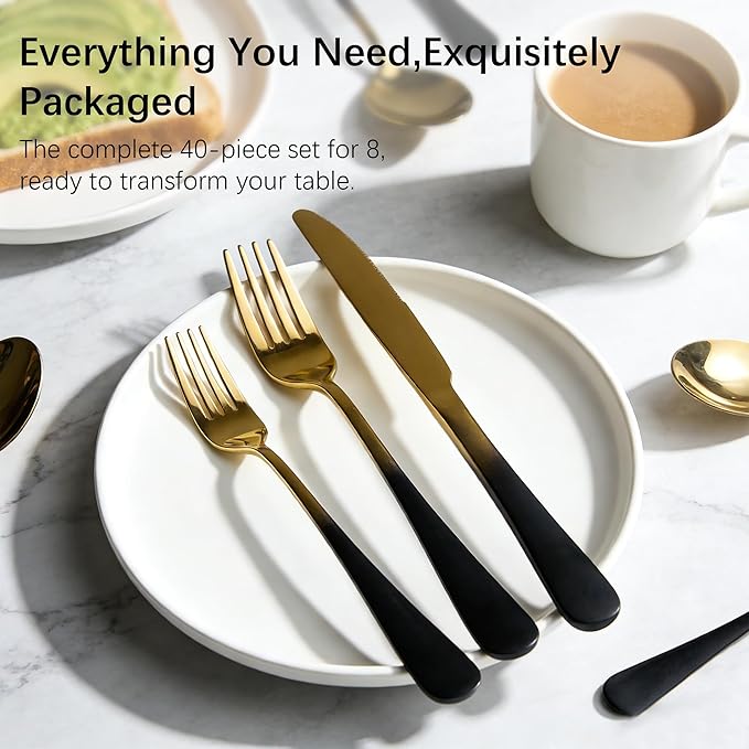 Black Silverware Set for 8 Modern 40 Piece Flatware Set 18/10 Stainless Steel Unique Black Gradual Change Gold Cutlery Utensils Sets for Home Kitchen Restaurant Tableware Set Mirror Polished