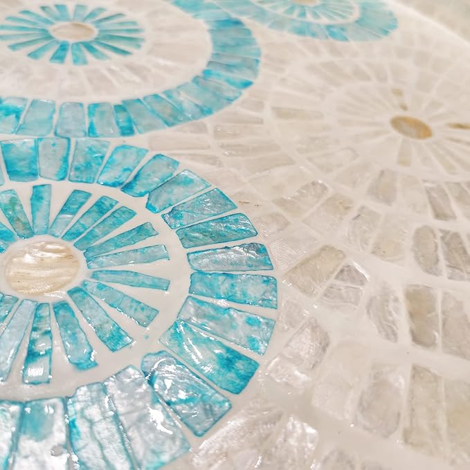 i-lan 18 Inch Round Mother of Pearl Serving Tray, Blue Nacre Inlay Decorative Ottoman Tray with Handles, Handmade Shell Coffee Table Tray for Food, Catering and Home Decor