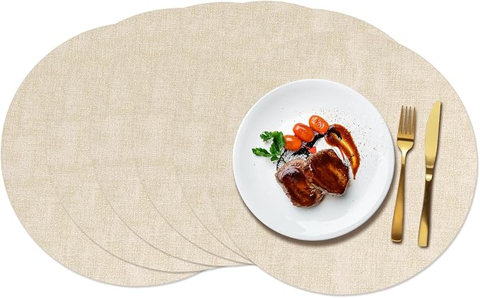 Maxpearl Round Placemats Set of 6, 13.8 inch Faux Leather Heat Resistant Table Mats, Non Slip Waterproof Wipeable Place Mats for Kitchen Dining Holiday Party Table Settings, Beige