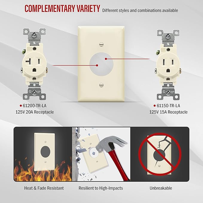 ENERLITES 1.406" Hole Single Receptacle Outlet Wall Plate, Size 1-Gang 4.50" x 2.76", Polycarbonate Thermoplastic, 8851-LA-10PCS, Light Almond