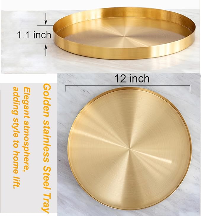 Beautiful Stainless Steel Round Tray - Gold Jewelry Dish & Makeup Organizer for Vanity, Bathroom, Dresser & Serving Tray for Drink, Breakfast, Tea, Dinner (L-12 inch)