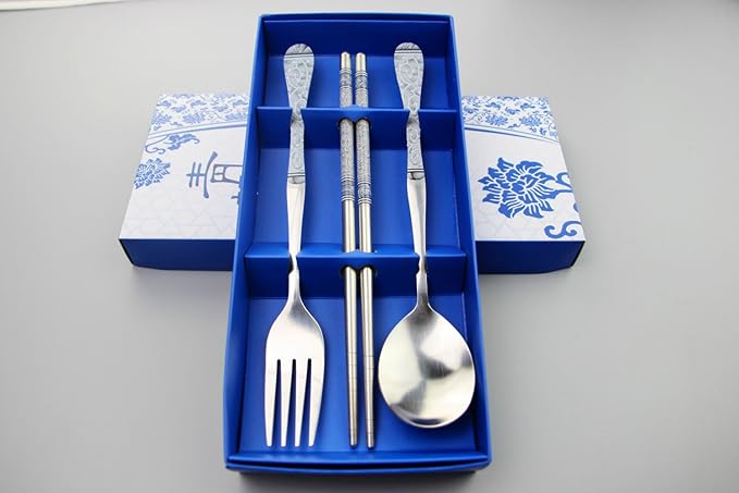 Stainless Steel Teaspoons Dinner Spoon Fork Chopsticks 3pcs Flatware Serving Sets，