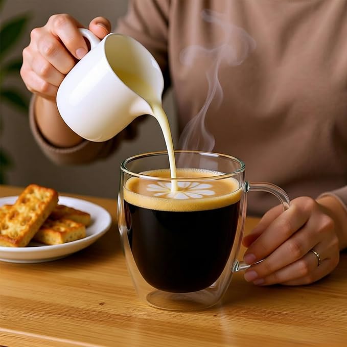 Set of 4 Double Walled Glass Coffee Mugs with Handles, 12oz Clear Coffee Mugs for Hot/Cold Beverages, Insulated Borosilicate Glass Cups for Cappuccino, Espresso, Latte, Tea, Milk, Microwave Safe