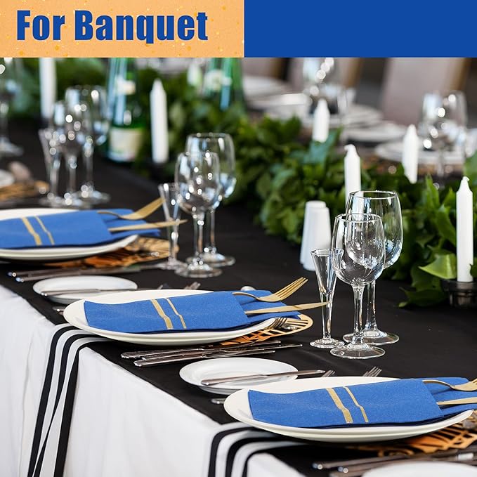 Roshtia 100 Pack Dinner Napkins Disposable Linen Feel Dinner Napkins with Built-in Flatware Pocket Gold Trim Lined Pre Folded Paper for Wedding Party (Royal Blue,Gold)