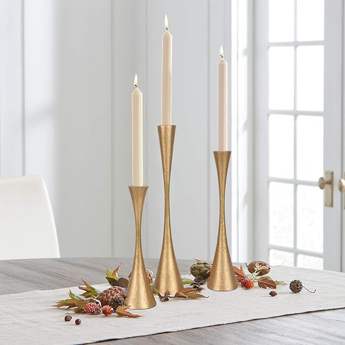 Antique Brass Iron Taper Candle Holders - Set of 3 Decorative Candle Stands for Weddings, Dinners & Parties - Elegant Candlestick Holders with Vintage Finish