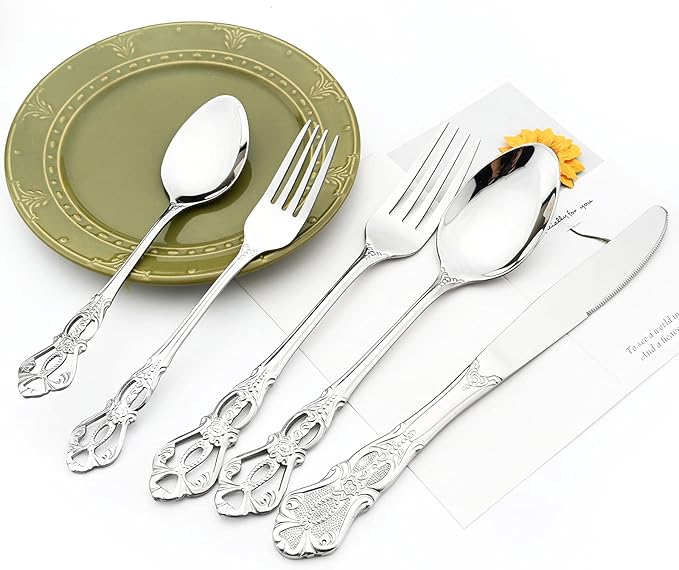 Elegant 32-Piece (4 Set) Retro Flatware Set, Stainless Steel Cutlery Set - Complete Eating Tableware Serving Set, Dishwasher Safe, Shiny Mirror Polish (Silver)